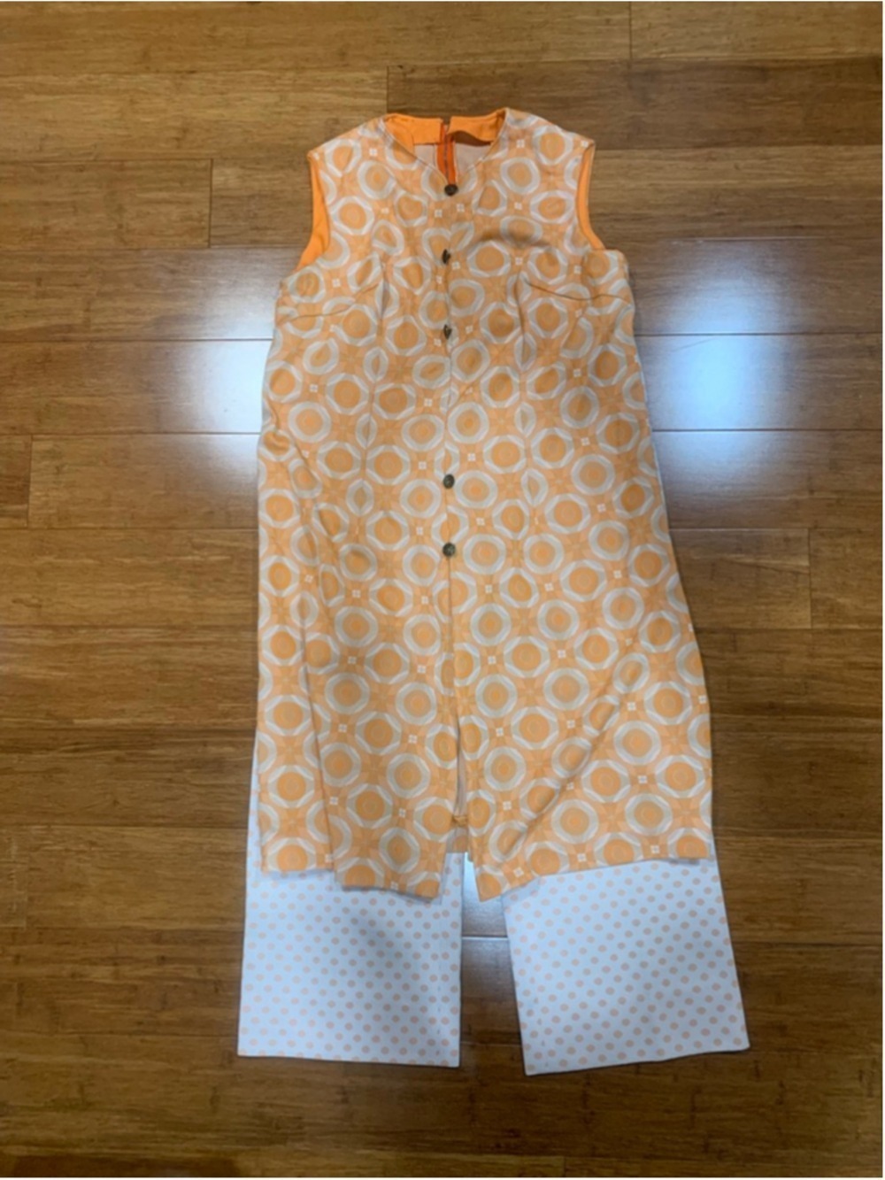 Vntg 60’s Women's handmade Orange White Patterned tunic two piece -Volup